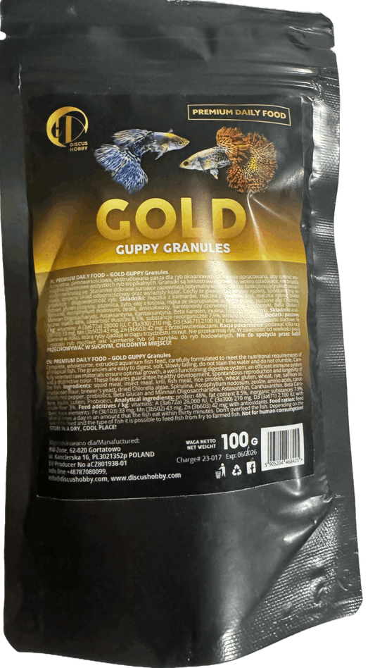 Gold Guppy GranulesGold Guppy Granules A complete, wholesome, extruded feed dedicated to aquarium fish with an indication of Betta fish. Carefully formulated to meet the nutritional requirements of all tropical fish. The granules are easily digestible, so