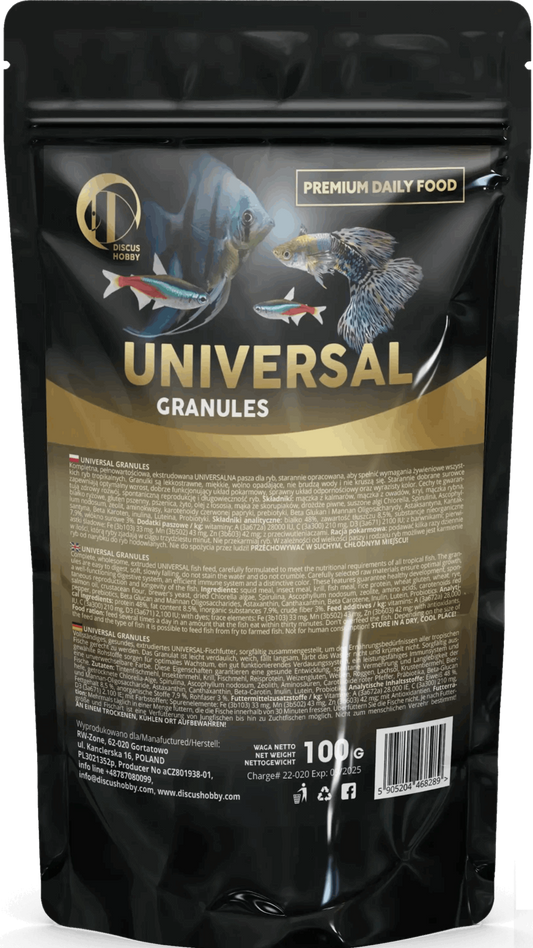 Gold Universal GranulesGold Universal Granules Complete, wholesome, extruded UNIVERSAL fish feed, carefully formulated to meet the nutritional requirements of all tropical fish. The granules are easy to digest, soft, slowly falling, do not stain the water