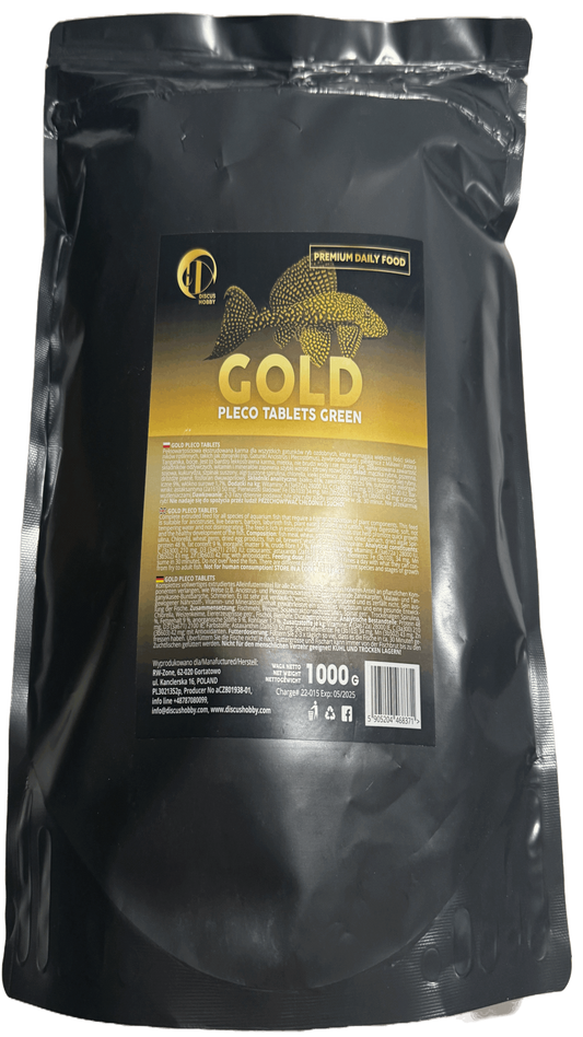 Gold Pleco Tablets GreenGold Pleco Tablets Green Complete extruded feed for all species of aquarium fish that require a higher proportion of plant components. This feed is suitable for ancistruses, live bearers, barbels, labyrinth fish, plant eating cichl